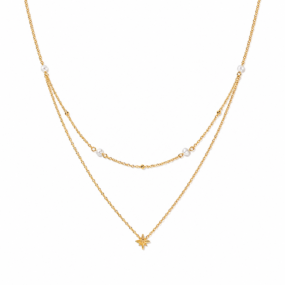 White Leaf Double Layer Freshwater Pearl Necklace in Gold